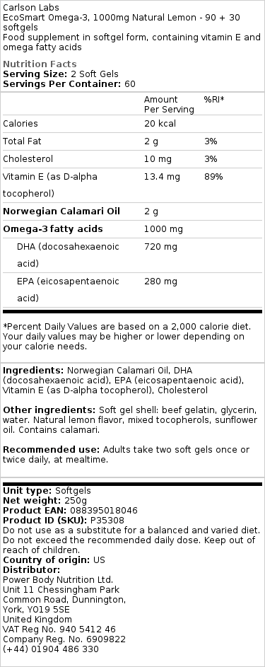 EcoSmart - Ωμέγα-3, Φυσικό Λεμόνι 1000mg · 120 μαλακές κάψουλες - Image 2