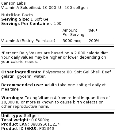 Brand - Βιταμίνη Α διαλυμένη - 10 000 IE · 100 μαλακές κάψουλες - Image 2