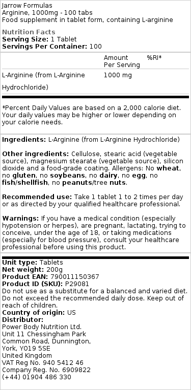 Arginine - Αργινίνη, 1000mg - 100 δισκία - Image 2
