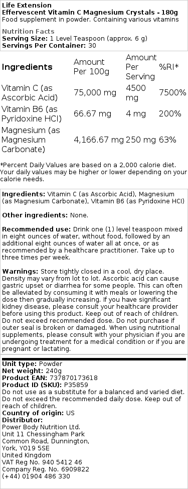 Life Extension - Αναβράζοντα Κρύσταλλα Βιταμίνης C και Μαγνησίου - 180 g - Image 2