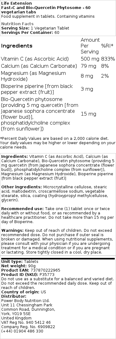 Life Extension - Γρήγορη Βιταμίνη C και Βιο-Κουερσετίνη Φυτοσώμα - 60 δισκία φυτικής προέλευσης - Image 2
