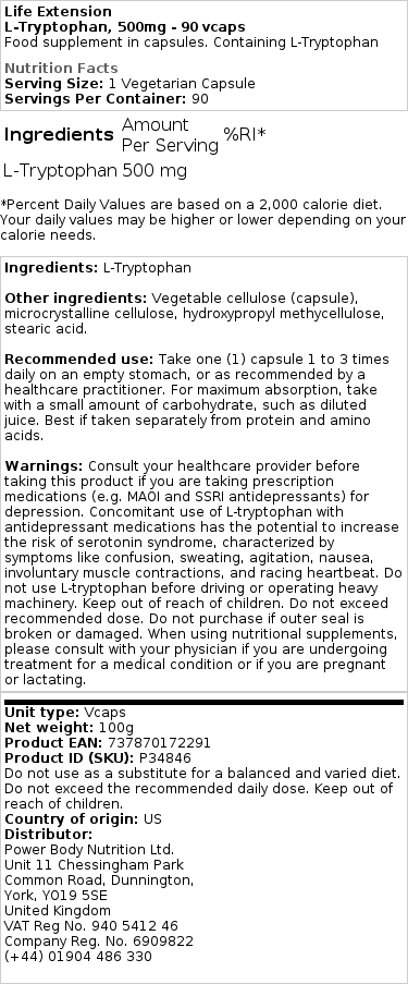 Brand - L-Τρυπτοφάνη, 500mg - 90 κάψουλες - Image 2