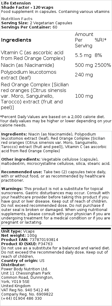 Life Extension - Παράγοντας Σκίασης - 120 κάψουλες - Image 2
