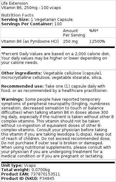 Brand - Βιταμίνη B6, 250mg - 100 κάψουλες - Image 2