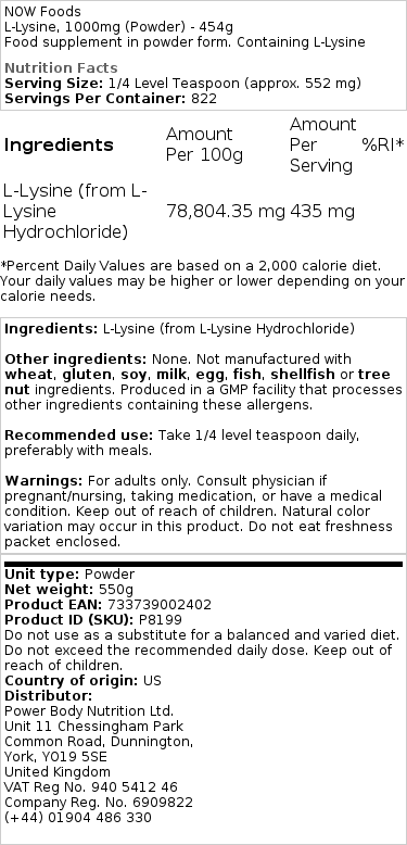 Brand - L-Λυσίνη, 1000mg (Σκόνη) - 454g - Image 2