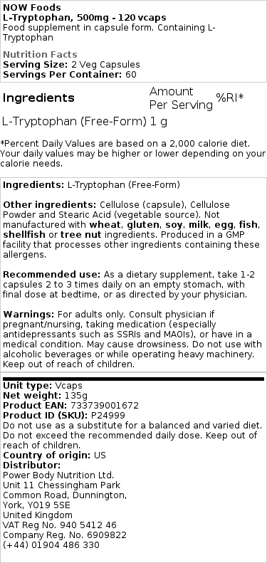 Brand - L-Τρυπτοφάνη, 500mg - 120 κάψουλες - Image 2