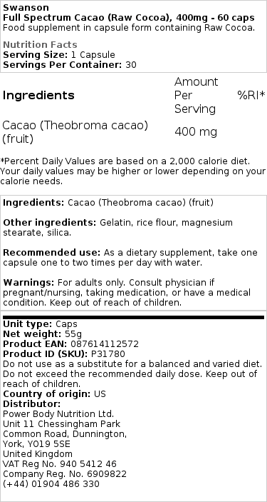 Brand - Πλήρες Φάσμα Κακάο (Ωμός Κακάο) - 400mg · 60 κάψουλες - Image 2