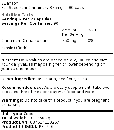 Brand - Πλήρες Φάσμα Κανέλα - 375mg · 180 κάψουλες - Image 2