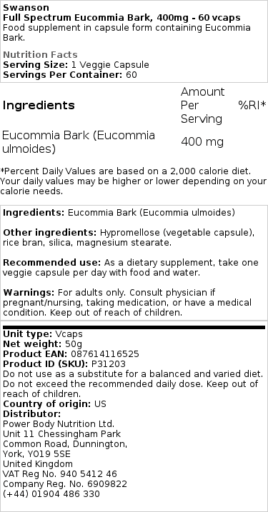 Swanson - Full Spectrum Eucommia Bark 60 vcaps