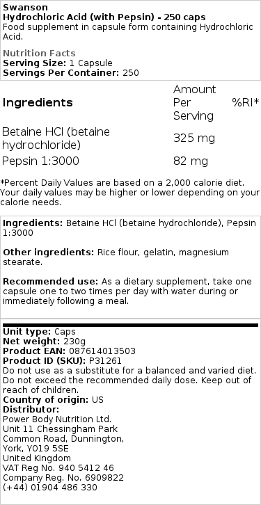Brand - Υδροχλωρικό Οξύ Betaine HCl - 250 κάψουλες - Image 2