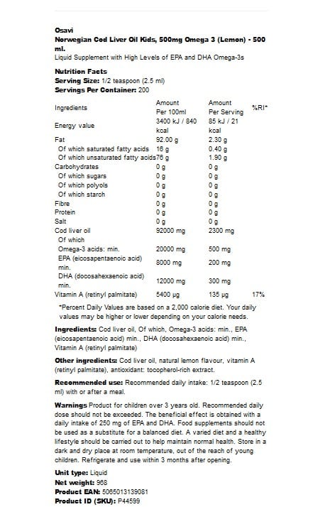 Norsk - Παιδικό Καρυδέλαιο Τορσκ, 500mg Omega 3 (Λεμόνι) - 500 ml - Image 2