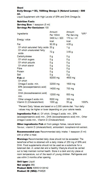 Daglig - Ωμέγα + D3, 1600mg Ωμέγα 3 (Φυσικό Λεμόνι) - 500 ml - Image 2